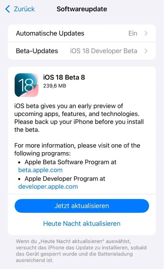 惠来苹果手机维修分享苹果 iOS / iPadOS 18 开发者预览版 Beta 8 发布 